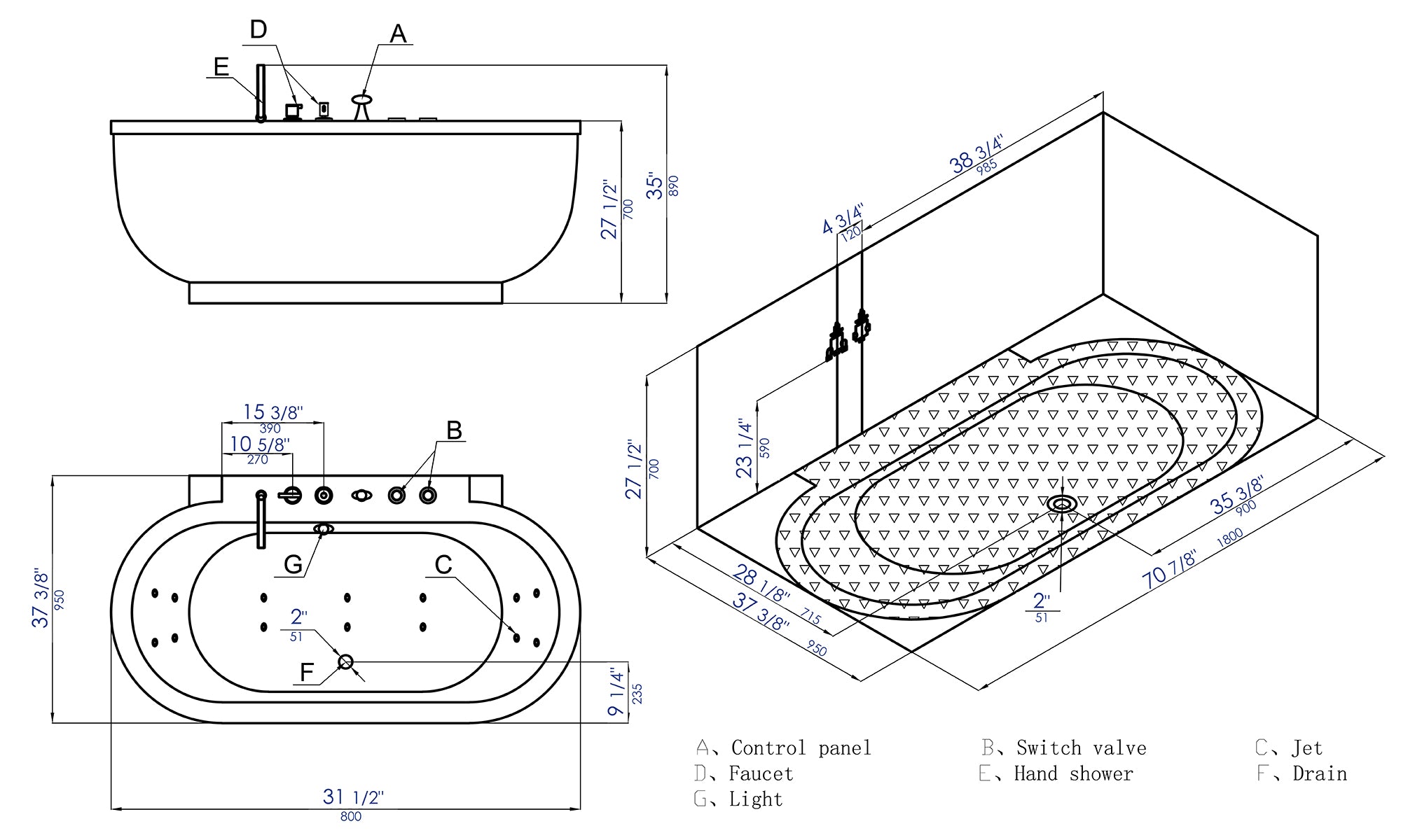 Eago 71" Acrylic Free Standing Oval Bathtub with Fixtures, White, AM128ETL