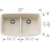 Blanco Valea 32" Undermount Silgranit Kitchen Sink, 50/50 Double Bowl, Soft White, No Faucet Hole, 443089