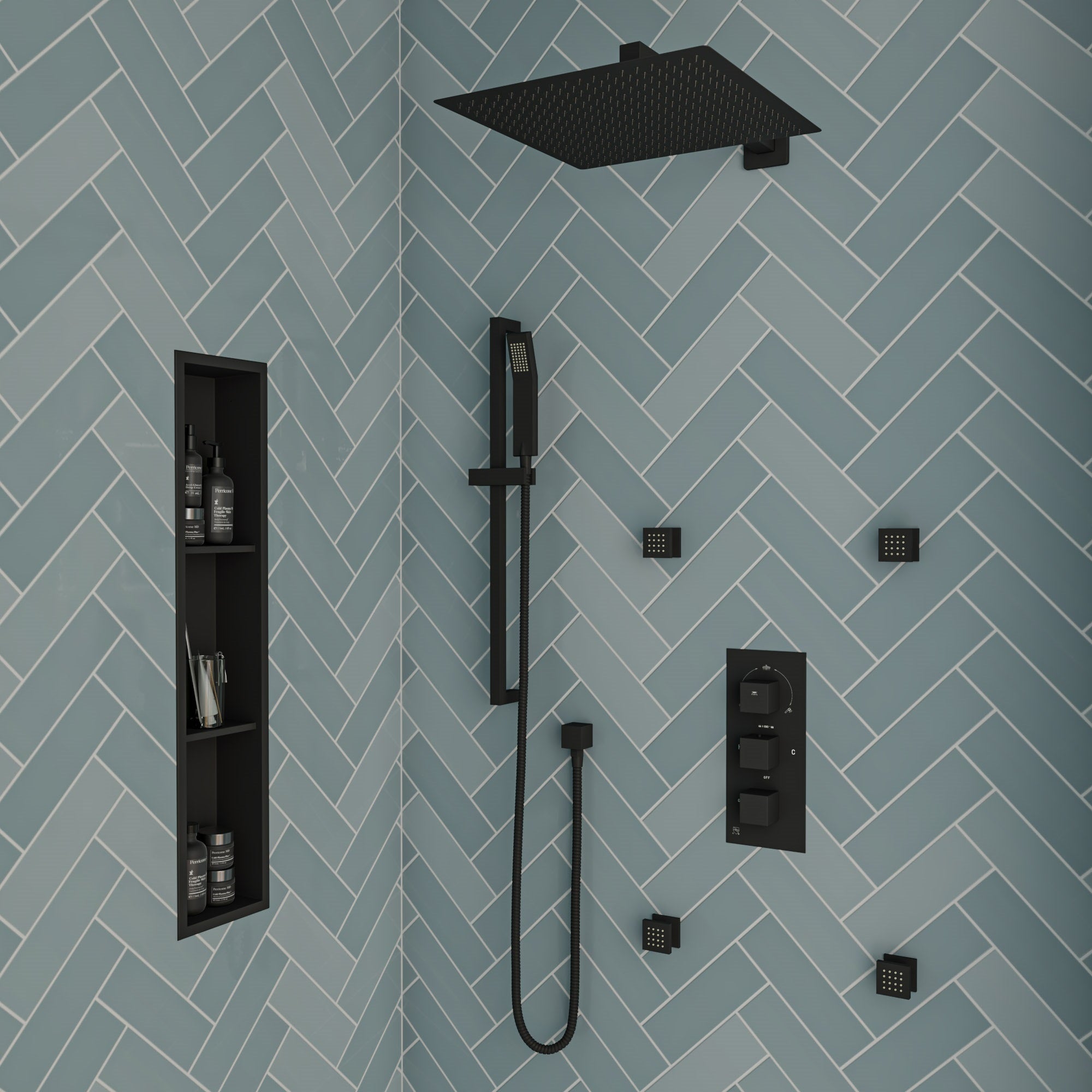 ALFI brand ABNC0836-BLA 8" x 36" Black Matte Stainless Steel Vertical Triple Shelf Bath Shower Niche, 20 Gauge