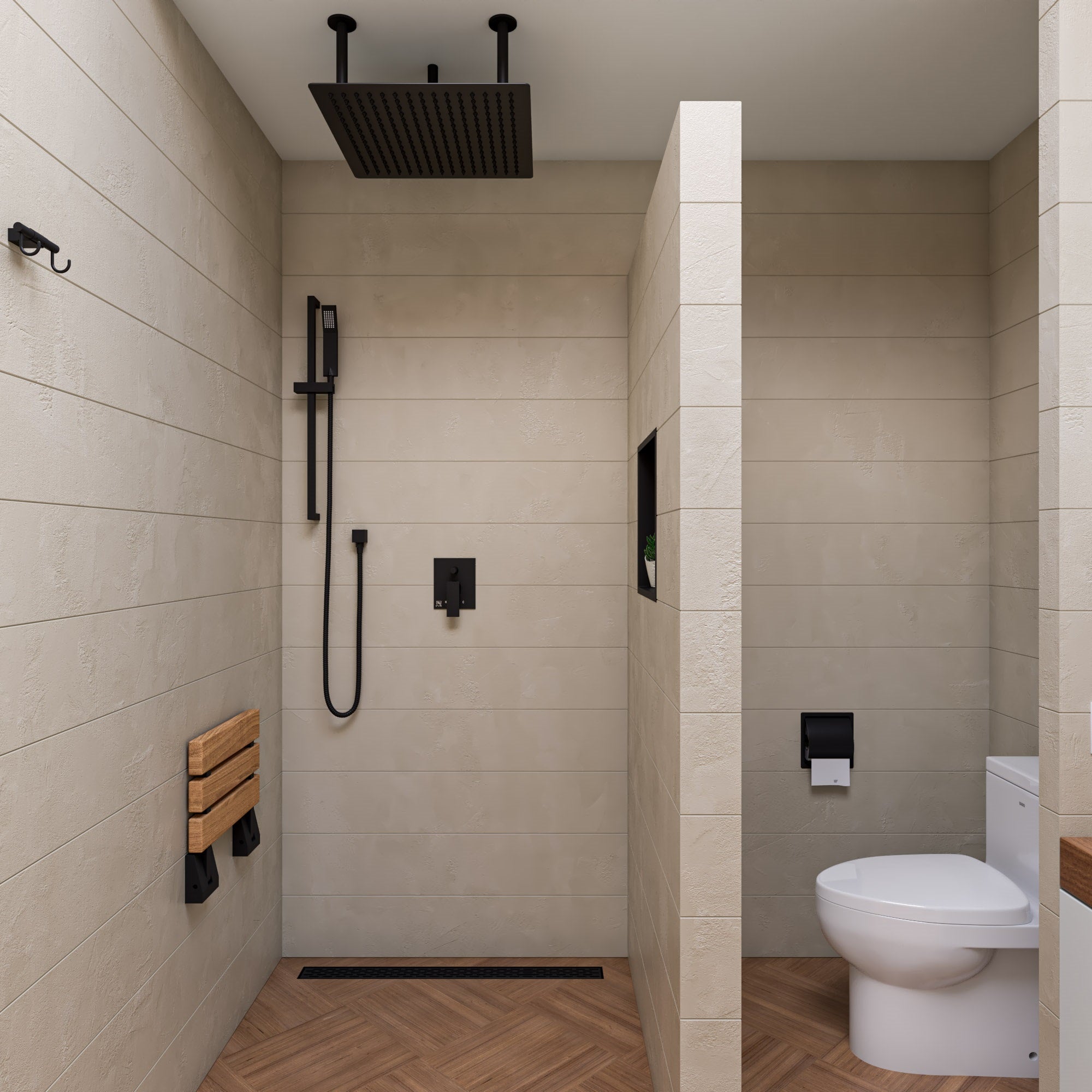 ALFI brand ABS16S-BM Black Matte 16" Wide Foldable Teak Shower Seat with Square Hardware, Teak Wood, Natural Wood