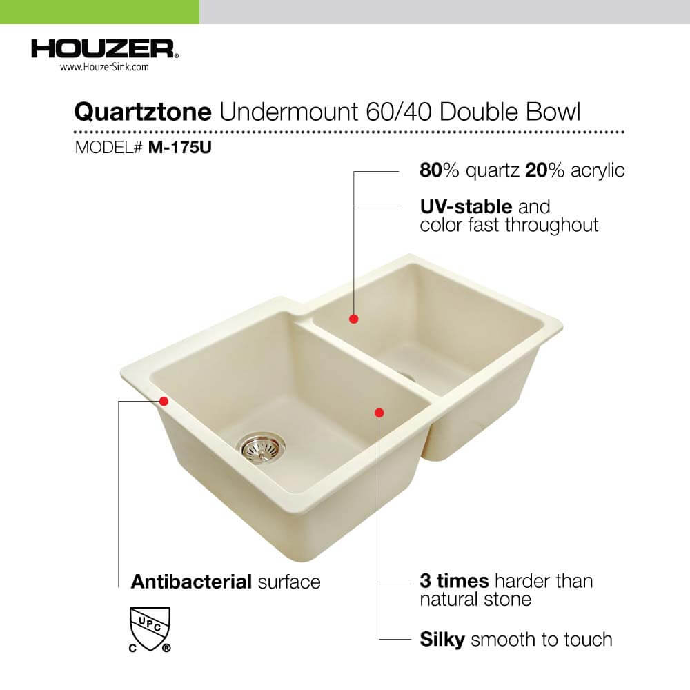 Houzer Quartztone 33 inch Slate Granite Composite Undermount 60/40 Double Bowl Kitchen Sink - M-175U SLATE