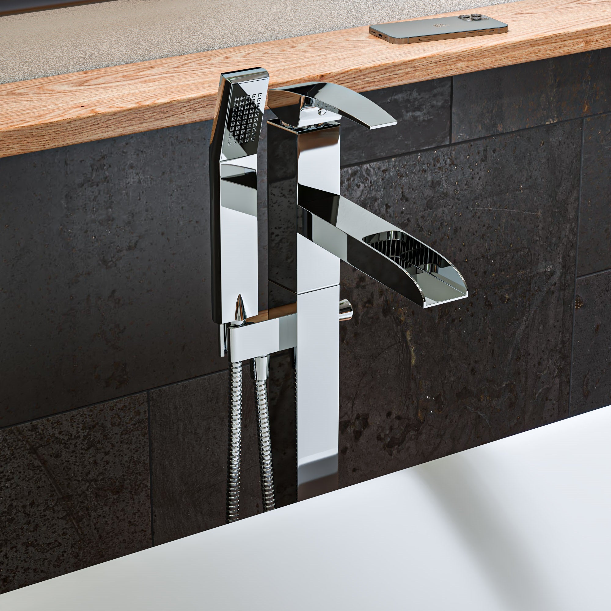 ALFI brand Brass, AB2843-PC Polished Chrome Single Hole Floor Mounted Waterfall Tub Filler