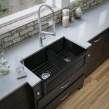 Karran Fireclay 33" Fireclay Farmhouse Sink with Accessories, 60/40 Double Bowl, Matte Black, FCP33DBMB