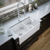 Karran Fireclay 33" Fireclay Farmhouse Sink with Accessories, 60/40 Double Bowl, White, FCP33DBWH