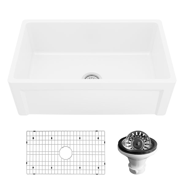 Karran Fireclay 30" Fireclay Farmhouse Sink with Accessories, White, FCP30SBWH