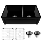 Karran Fireclay 33" Fireclay Farmhouse Sink with Accessories, 60/40 Double Bowl, Matte Black, FCP33DBMB