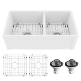 Karran Fireclay 33" Fireclay Farmhouse Sink with Accessories, 60/40 Double Bowl, White, FCP33DBWH