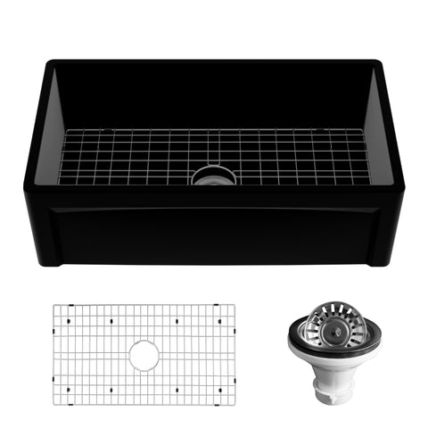 Karran Fireclay 33" Fireclay Farmhouse Sink with Accessories, Matte Black, FCP33SBMB