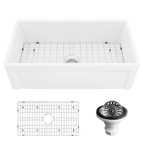 Karran Fireclay 33" Fireclay Farmhouse Sink with Accessories, White, FCP33SBWH