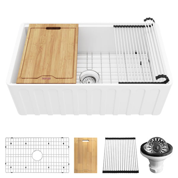 Karran Fireclay 30" Fireclay Workstation Farmhouse Sink with Accessories, White, FCWSF30SBWH-PK1