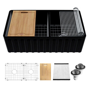 Alternate Image for Karran Fireclay 33" Fireclay Workstation Farmhouse Sink with Accessories, 60/40 Double Bowl, Matte Black, FCWSF33DBMB-PK1