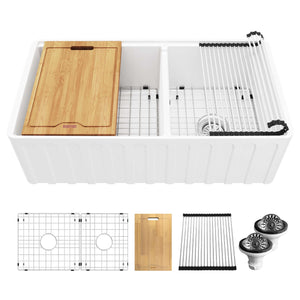 Alternate Image for Karran Fireclay 33" Fireclay Workstation Farmhouse Sink with Accessories, 60/40 Double Bowl, White, FCWSF33DBWH-PK1
