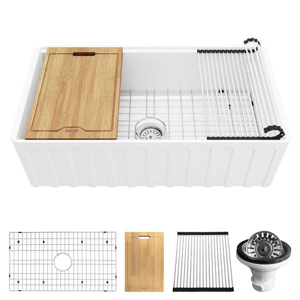 Karran Fireclay 33" Fireclay Workstation Farmhouse Sink with Accessories, White, FCWSF33SBWH-PK1