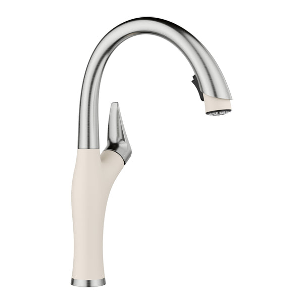 Blanco Artona Pull-Down Dual-Spray Kitchen Faucet, PVD Steel/Soft White, 1.5 GPM, Brass, 443040