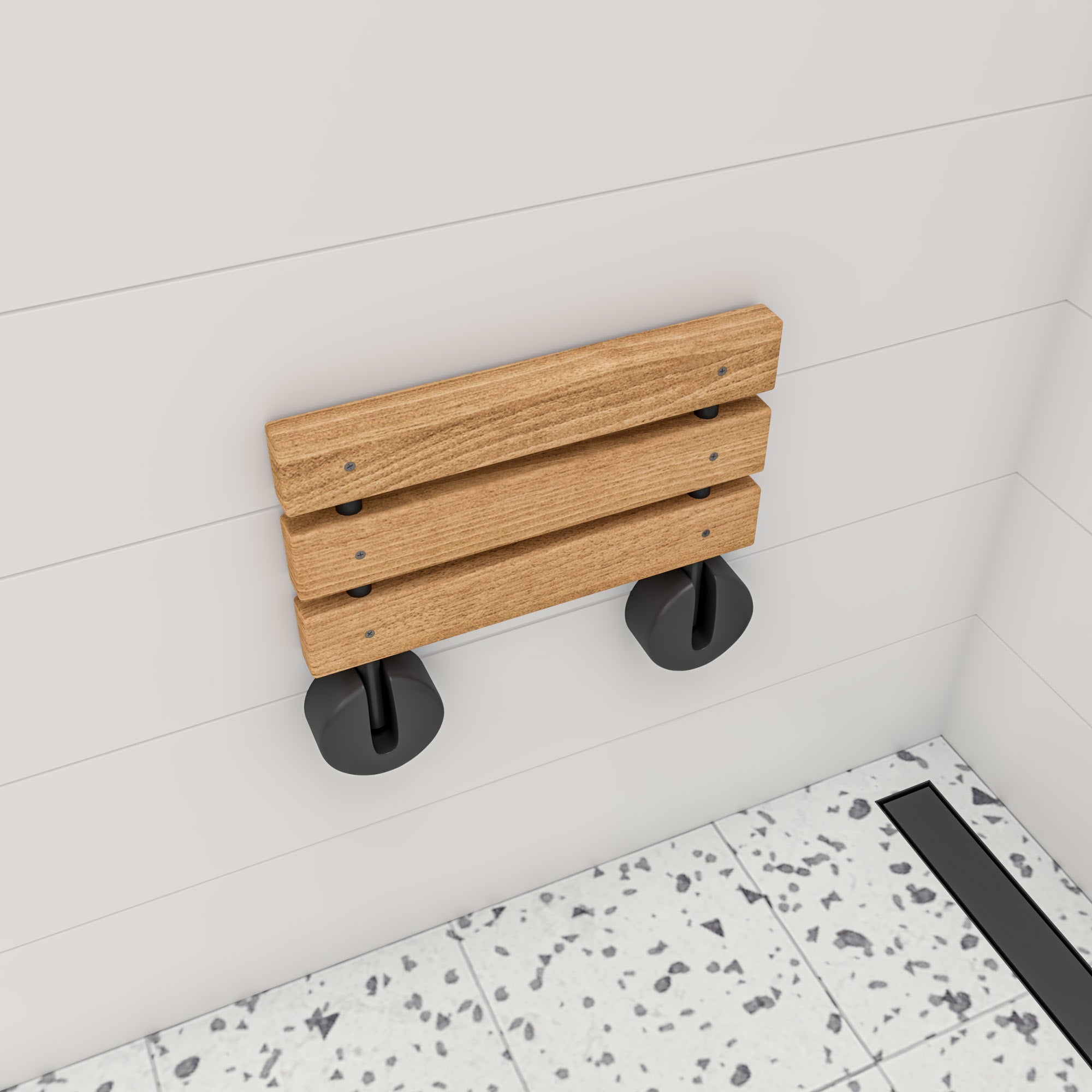 ALFI brand ABS16R-BM Black Matte 16" Wide Foldable Teak Shower Seat with Round Hardware, Teak Wood, Natural Wood