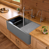 ALFI brand 33" Granite Composite Workstation Farmhouse Sink with Accessories, Titanium, No Faucet Hole, AB33FARM-T