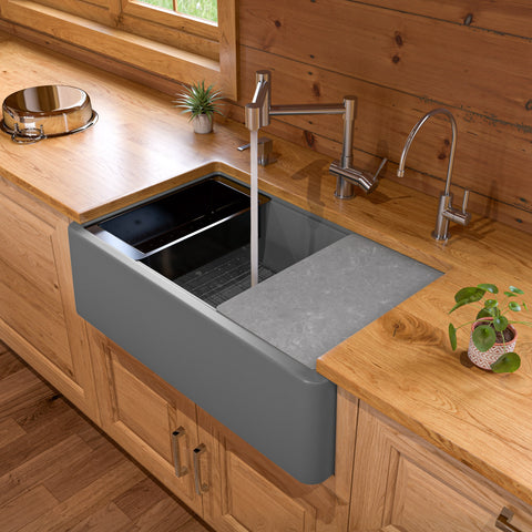 ALFI brand 33" Granite Composite Workstation Farmhouse Sink with Accessories, Titanium, No Faucet Hole, AB33FARM-T