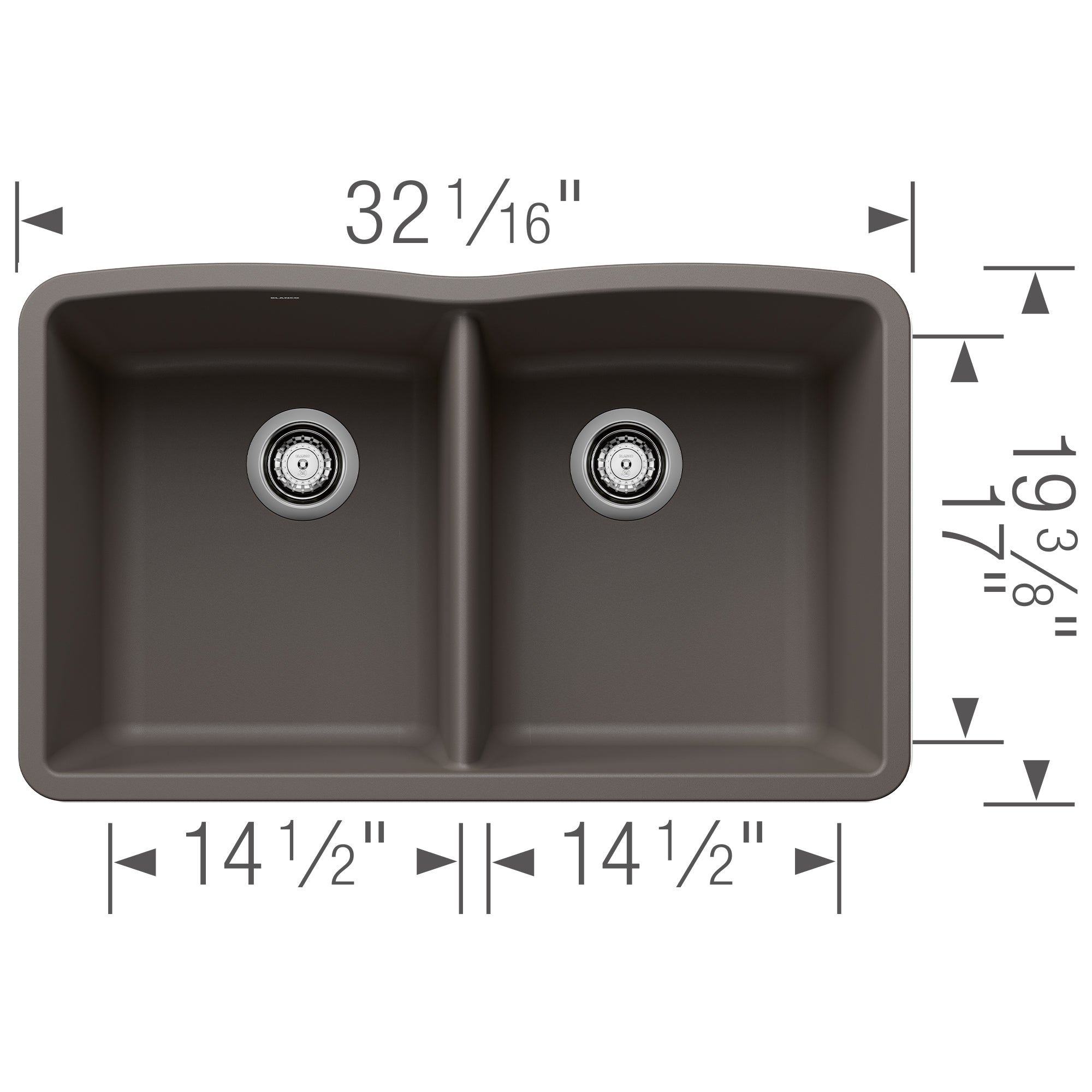 Blanco Diamond 32" Undermount Silgranit Kitchen Sink, 50/50 Double Bowl, Volcano Gray, No Faucet Hole, 443105