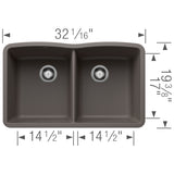 Blanco Diamond 32" Undermount Silgranit Kitchen Sink, 50/50 Double Bowl, Volcano Gray, No Faucet Hole, 443105