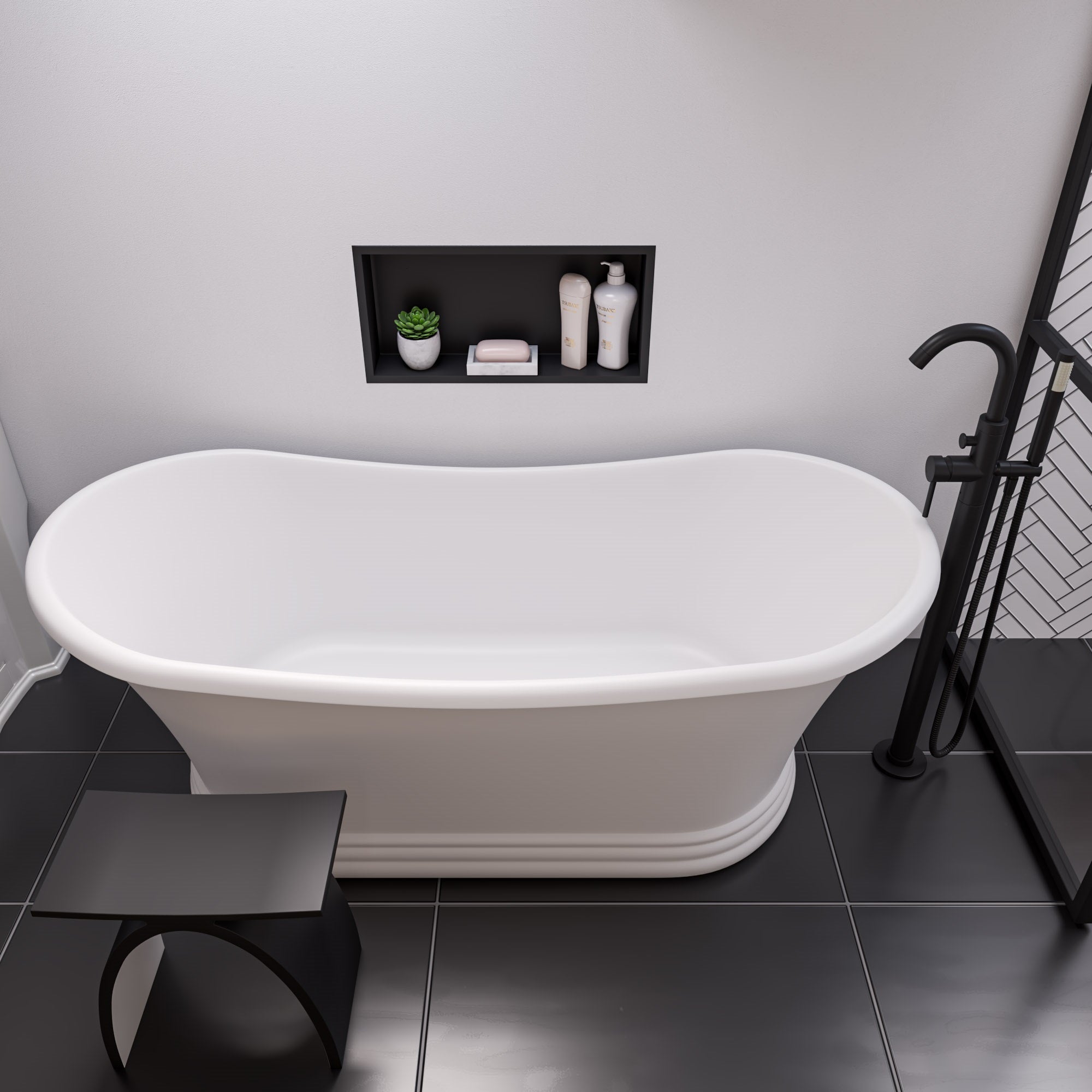 ALFI brand ABST77BM Black Matte Arched Solid Surface Resin Bathroom / Shower Stool, Black & White