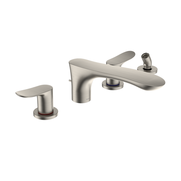 TOTO GO Two-Handle Deck-Mount Roman Tub Filler Trim with Handshower, Brushed Nickel, Brass, TBG01202U#BN