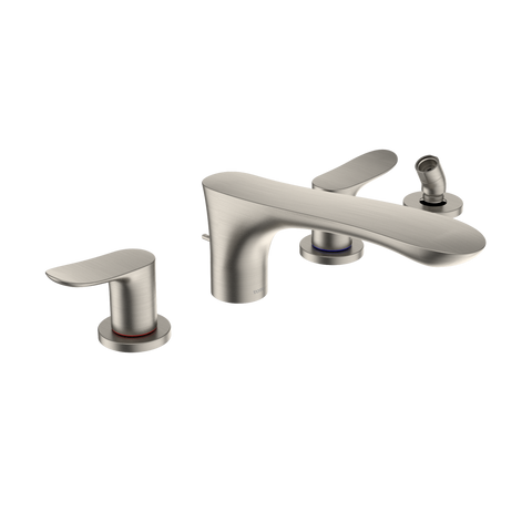 TOTO GO Two-Handle Deck-Mount Roman Tub Filler Trim with Handshower, Brushed Nickel, Brass, TBG01202U#BN