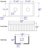 ALFI brand 33" Fireclay Farmhouse Sink, 50/50 Double Bowl, White, No Faucet Hole, ABF3318D-W