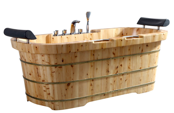 ALFI brand 65" Cedar Wood Free Standing Oval Bathtub with Fixtures & Headrests, Natural Wood, AB1130