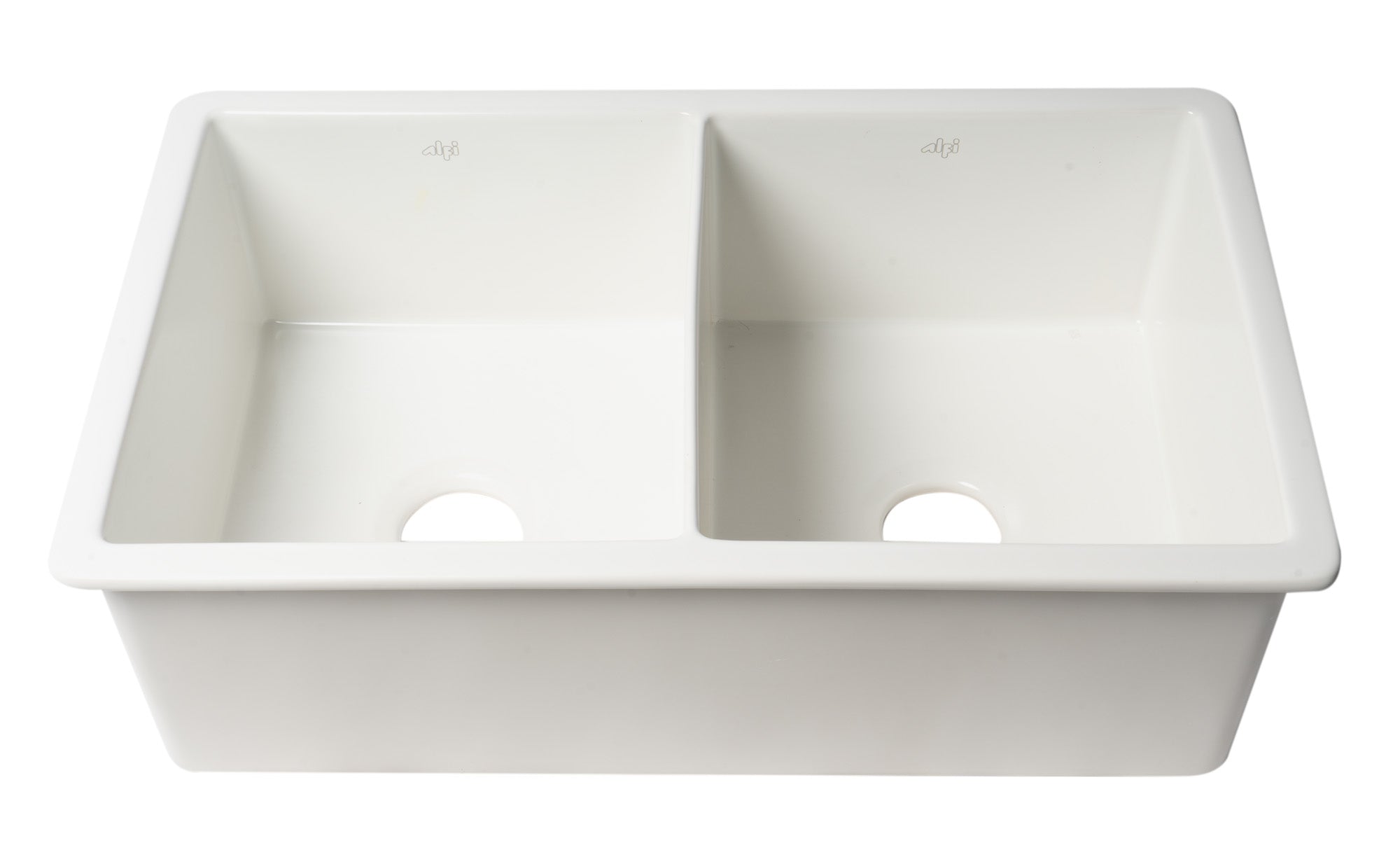ALFI brand 32" Dual Mount Fireclay Kitchen Sink, 50/50 Double Bowl, White, No Faucet Hole, ABF3219DUD-W
