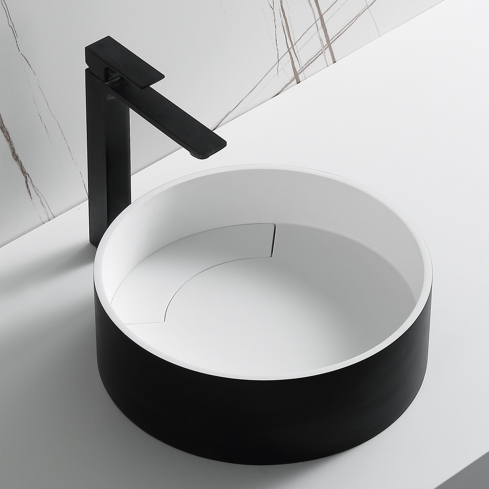ALFI brand 15.13" x 15.13" Round Above Mount Resin Bathroom Sink, Black & White, No Faucet Hole, ABRS15RBM