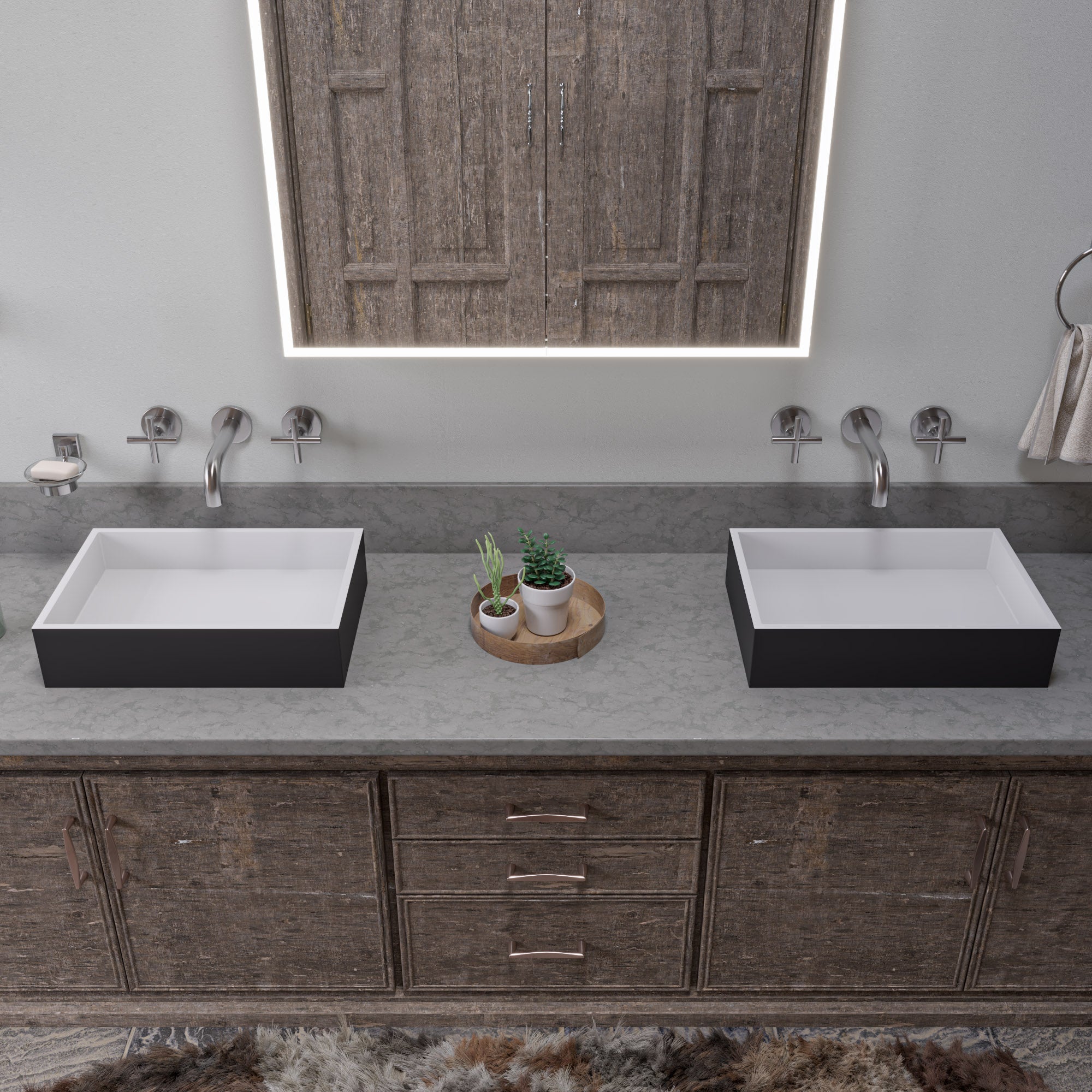 ALFI brand 20" x 13.5" Rectangle Above Mount Resin Bathroom Sink, Black & White, No Faucet Hole, ABRS2014BM