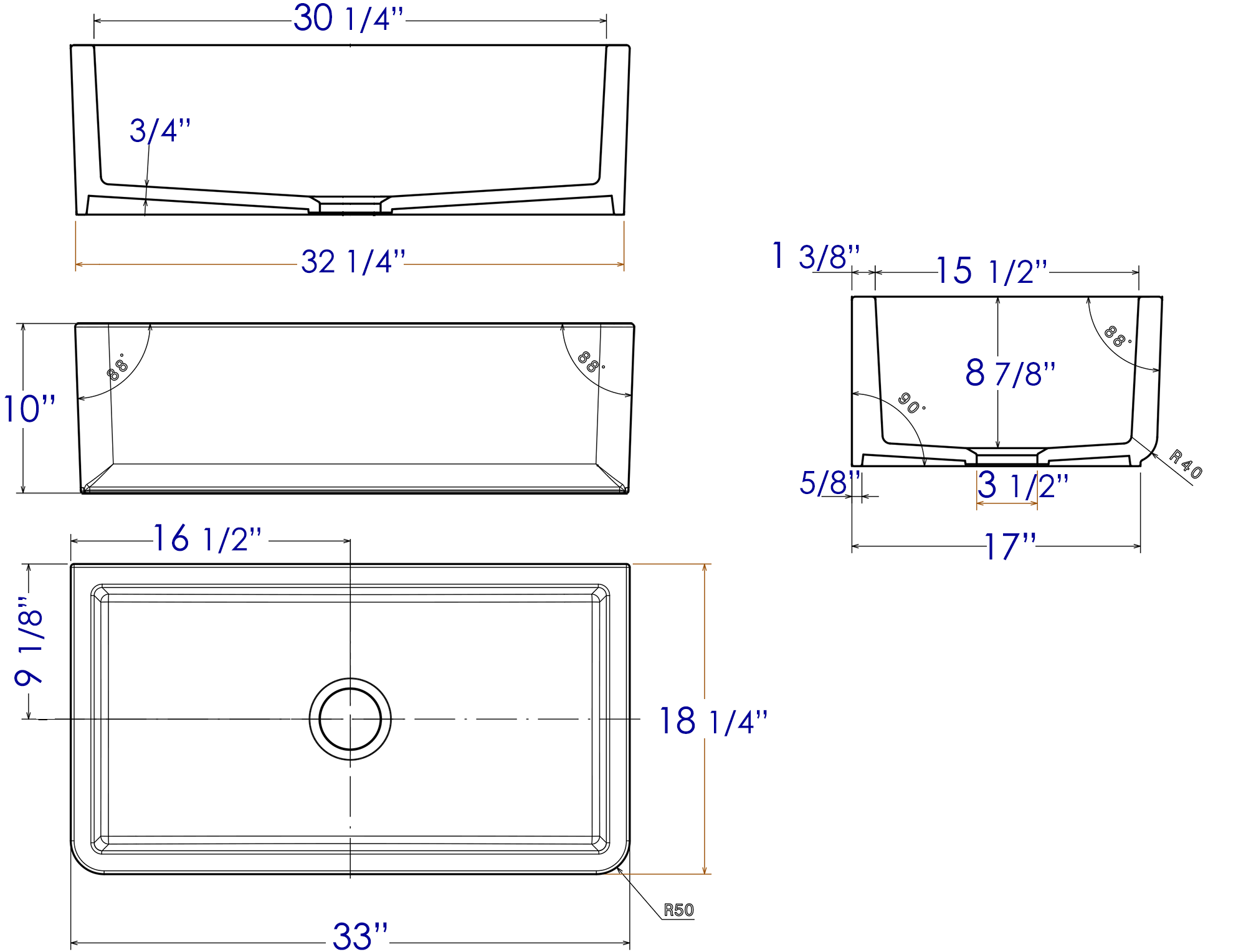 ALFI 33" Single Bowl Thick Wall Fireclay Farmhouse Apron Sink, Reversible, White, AB3318SB-W