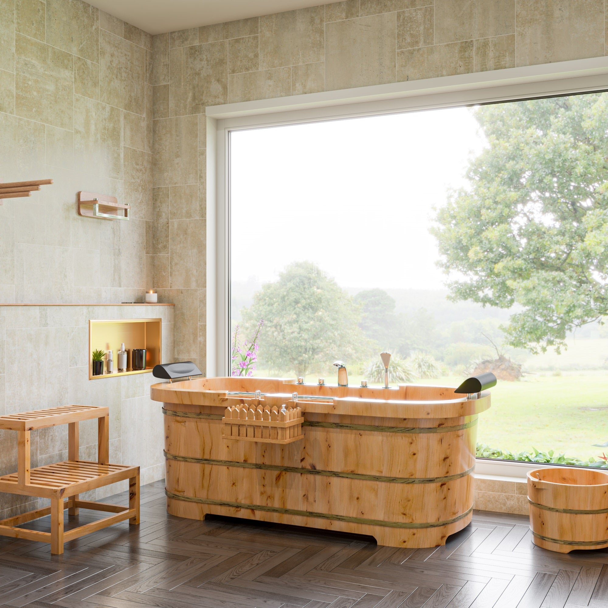Alternative View of ALFI brand 65" Cedar Wood Free Standing Oval Bathtub with Fixtures & Headrests, Natural Wood, AB1130