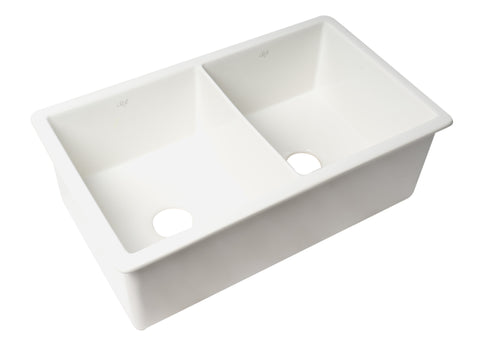 ALFI brand 32" Drop In Fireclay Kitchen Sink, 50/50 Double Bowl, White, No Faucet Hole, ABF3219DUD-W
