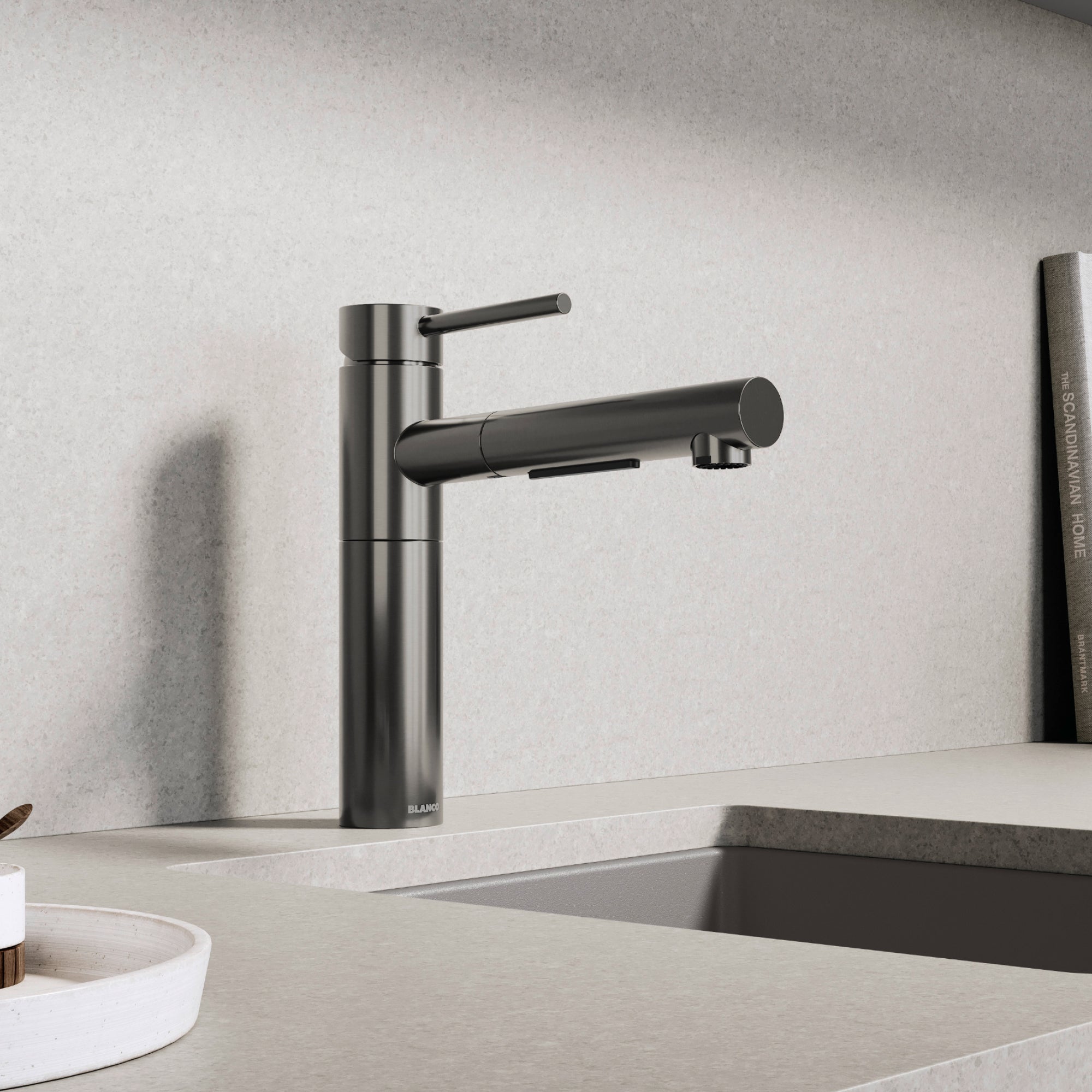 Blanco Alta II Low Arc Pull-Out Kitchen Faucet, Satin Dark Steel, 1.5 GPM, Brass, 527562