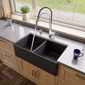 Alternate Image for ALFI brand 33" Fireclay Farmhouse Sink, 50/50 Double Bowl, Black Matte, No Faucet Hole, ABF3318D-BM