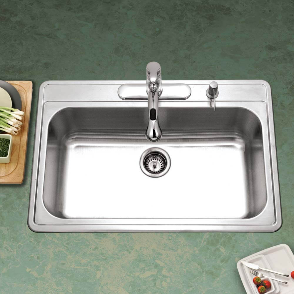 Houzer Premier 33 inch Stainless Steel Drop-in Topmount 4-hole Single Bowl Kitchen Sink with Strainer & Grid - 18 Gauge, PGS-3122-4-C