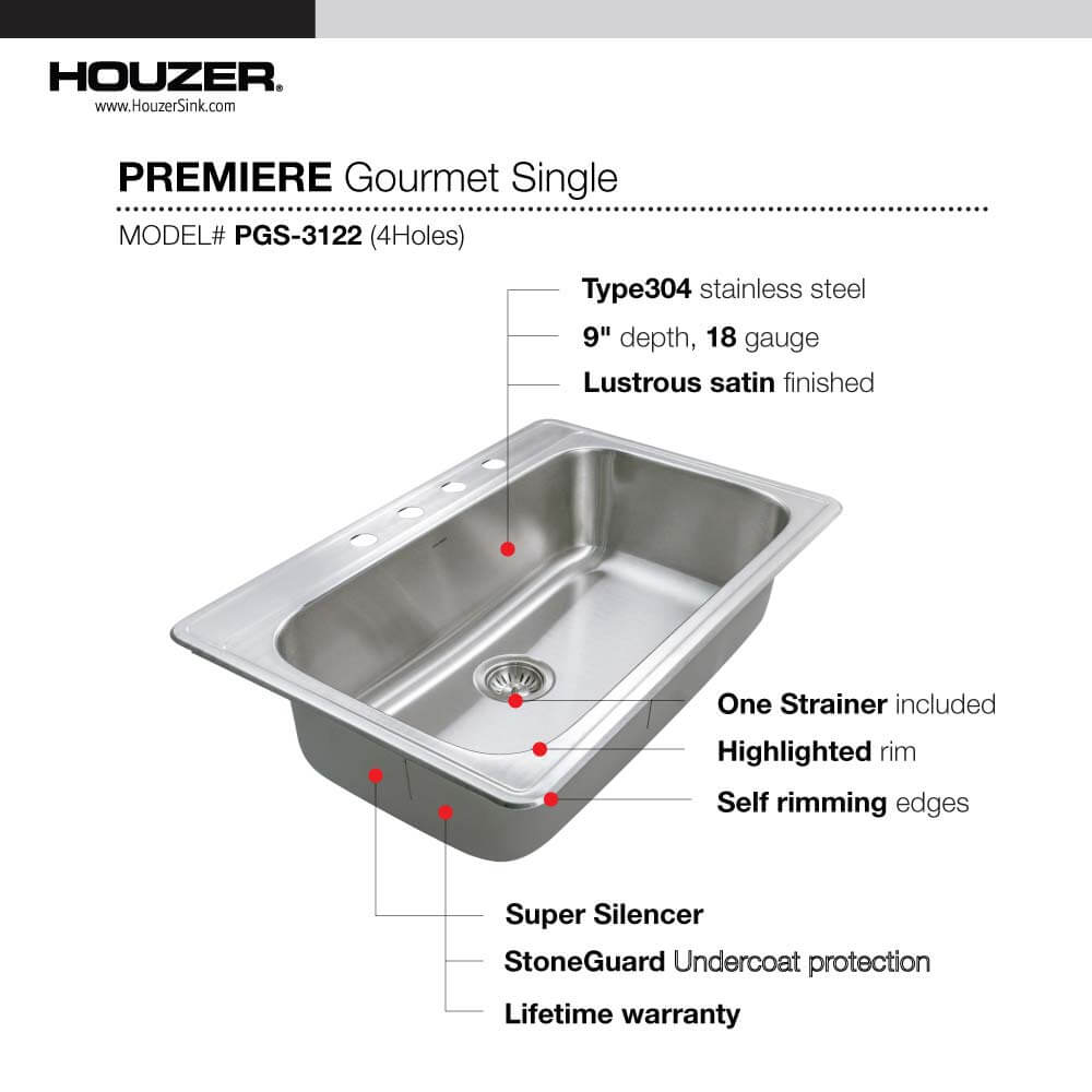 Houzer Premier 33 inch Stainless Steel Drop-in Topmount 4-hole Single Bowl Kitchen Sink with Strainer & Grid - 18 Gauge, PGS-3122-4-C