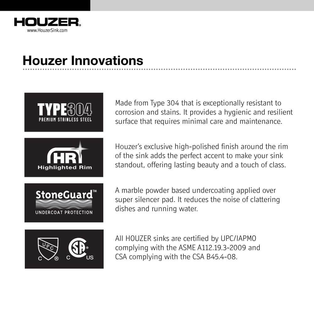 Houzer Premier 33 inch Stainless Steel Drop-in Topmount 4-hole Single Bowl Kitchen Sink with Strainer & Grid - 18 Gauge, PGS-3122-4-C