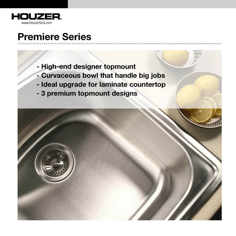 Houzer Premier 33 inch Stainless Steel Drop-in Topmount 4-hole Single Bowl Kitchen Sink with Strainer & Grid - 18 Gauge, PGS-3122-4-C