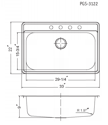 Houzer Premier 33 inch Stainless Steel Drop-in Topmount 4-hole Single Bowl Kitchen Sink with Strainer & Grid - 18 Gauge, PGS-3122-4-C