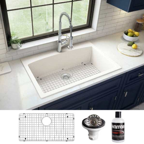 Karran 33" Drop In/Topmount Quartz Composite Kitchen Sink, White, QT-712-WH-PK1