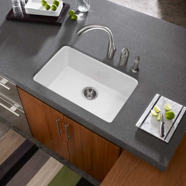 Houzer Platus 24 inch Biscuit Fireclay Undermount Single Bowl Kitchen Sink - PTU-2400 BQ-C with Basket Strainer and Basin Grid Included