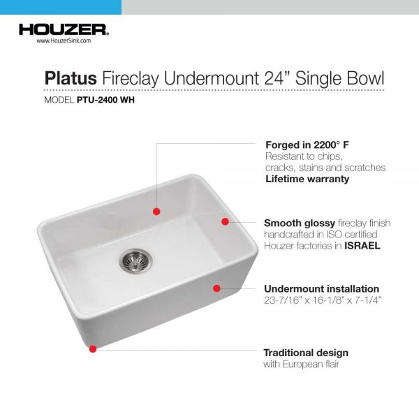 Houzer Platus 24 inch Biscuit Fireclay Undermount Single Bowl Kitchen Sink - PTU-2400 BQ-C with Basket Strainer and Basin Grid Included