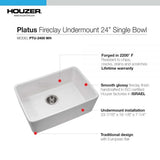 Houzer Platus 24 inch Biscuit Fireclay Undermount Single Bowl Kitchen Sink - PTU-2400 BQ-C with Basket Strainer and Basin Grid Included