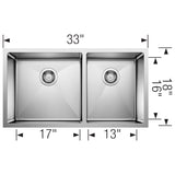 Blanco Quatrus 33" Undermount Stainless Steel Kitchen Sink, 60/40 Double Bowl, Satin Polish, 18 Gauge, No Faucet Hole, 443150