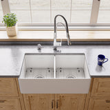 ALFI brand 33" Fireclay Farmhouse Sink, 50/50 Double Bowl, White, No Faucet Hole, ABF3318D-W