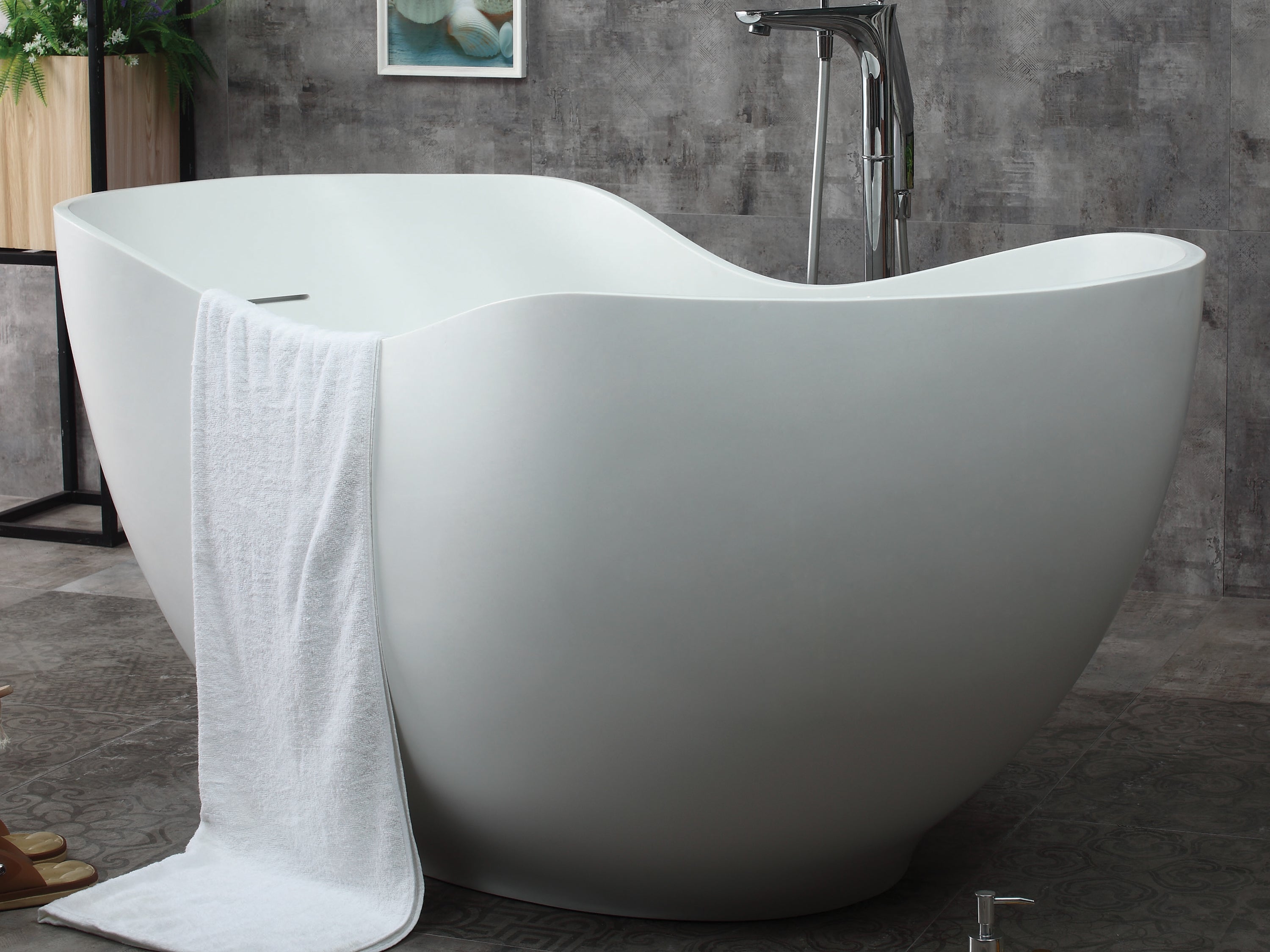 ALFI brand 66" Solid Surface Smooth Resin Free Standing Oval Soaking Bathtub, White Matte, AB9949