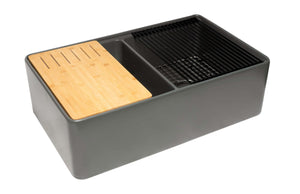 Alternate Image for ALFI brand 33" Fireclay Workstation Farmhouse Step Rim Sink with Accessories, 50/50 Double Bowl, Gray Matte, No Faucet Hole, ABFS3320D-GM