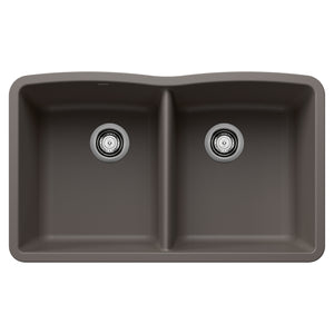 Alternate Image for Blanco Diamond 32" Undermount Silgranit Kitchen Sink, 50/50 Double Bowl, Volcano Gray, No Faucet Hole, 443105